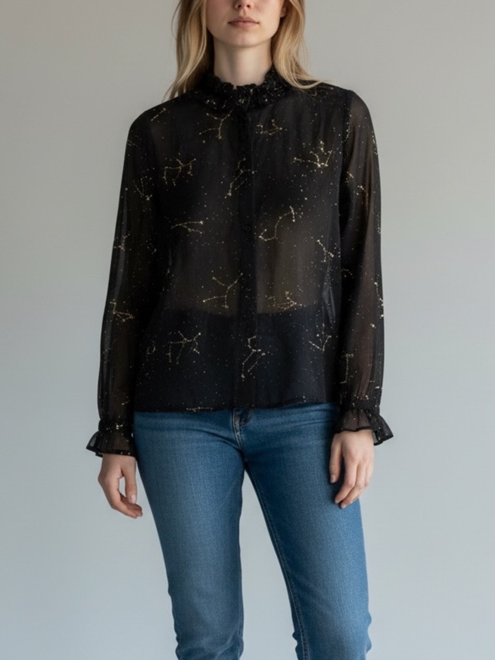 Wet Seal New Black Sheer Button-Down Blouse with Gold Constellation Print S/M